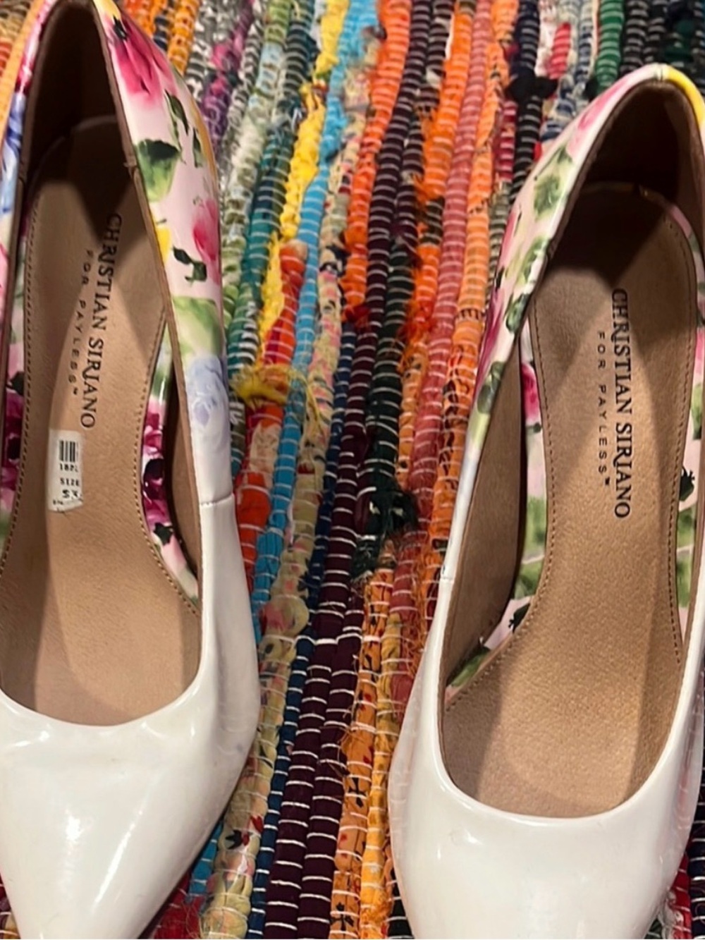 Christian Siriano White Patent Pumps with Pink & Green Floral Trim